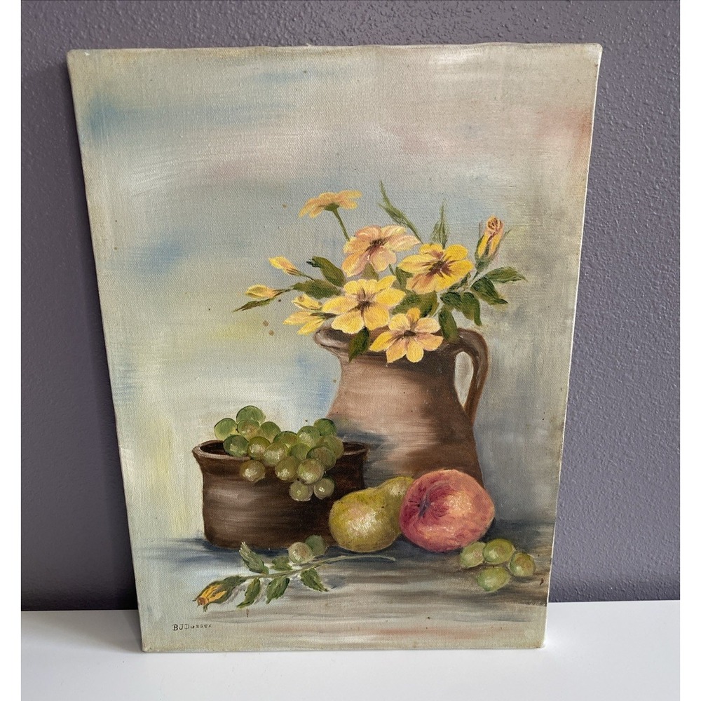 Vintage Original Oil Painting Still Life Daisies Fruit Pitcher-Signed unframed
